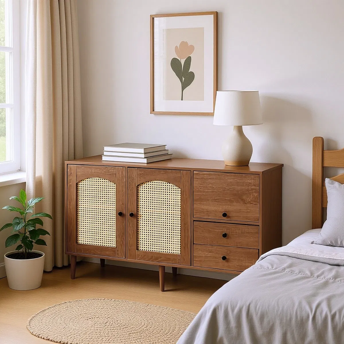 Classic Storage Solid Wood Sideboard with 2-Door Rattan Design &amp; Hidden Compartment Cabinet for Traditional Kitchen or Entryway
