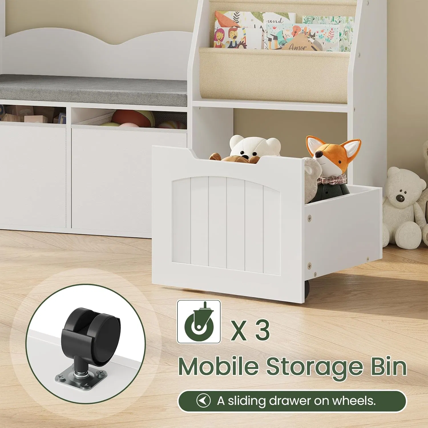 3-Piece Integrated Children Reading Nook Center Wooden Kids Bookshelf Display Rack with Fabric Sling Organizer