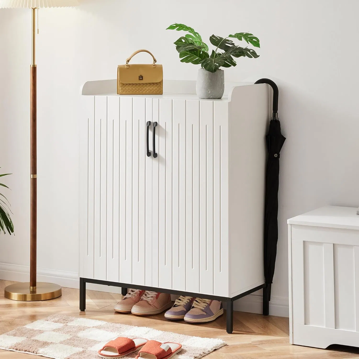 Entryway Barn-Door Style Shoe Cabinet with Adjustable Shelves Top Baffle and Metal Support Feet