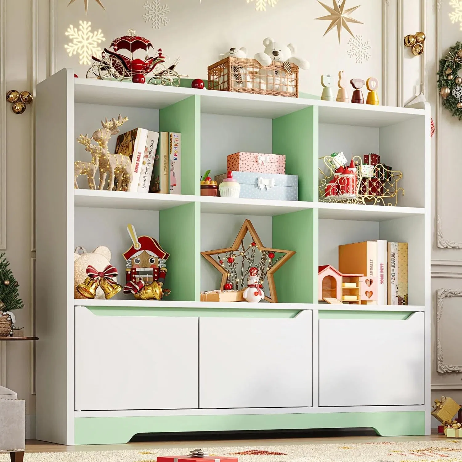 3-in-1 Kids Bookshelf with Cushioned Seating Reading Nook and Modular Storage Cabinet Set