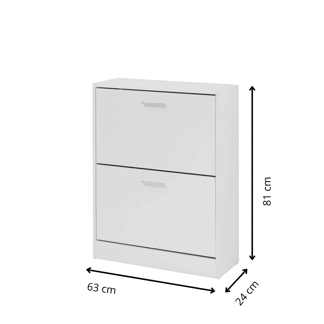 Slim Space Saving Shoe Rack in Melamine Wood for Entryway Shoe Cabinet with Folding Doors and Double Depth White 2 Doors