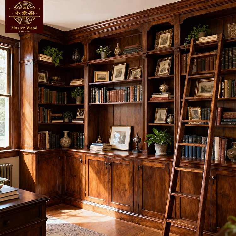 Whole House Customization Rustic Vintage Full-Wall with Rolling Ladder, Open Shelves &amp; Closed Cabinet for Home Library &amp; Cozy Reading Nook - Custom Bookcase