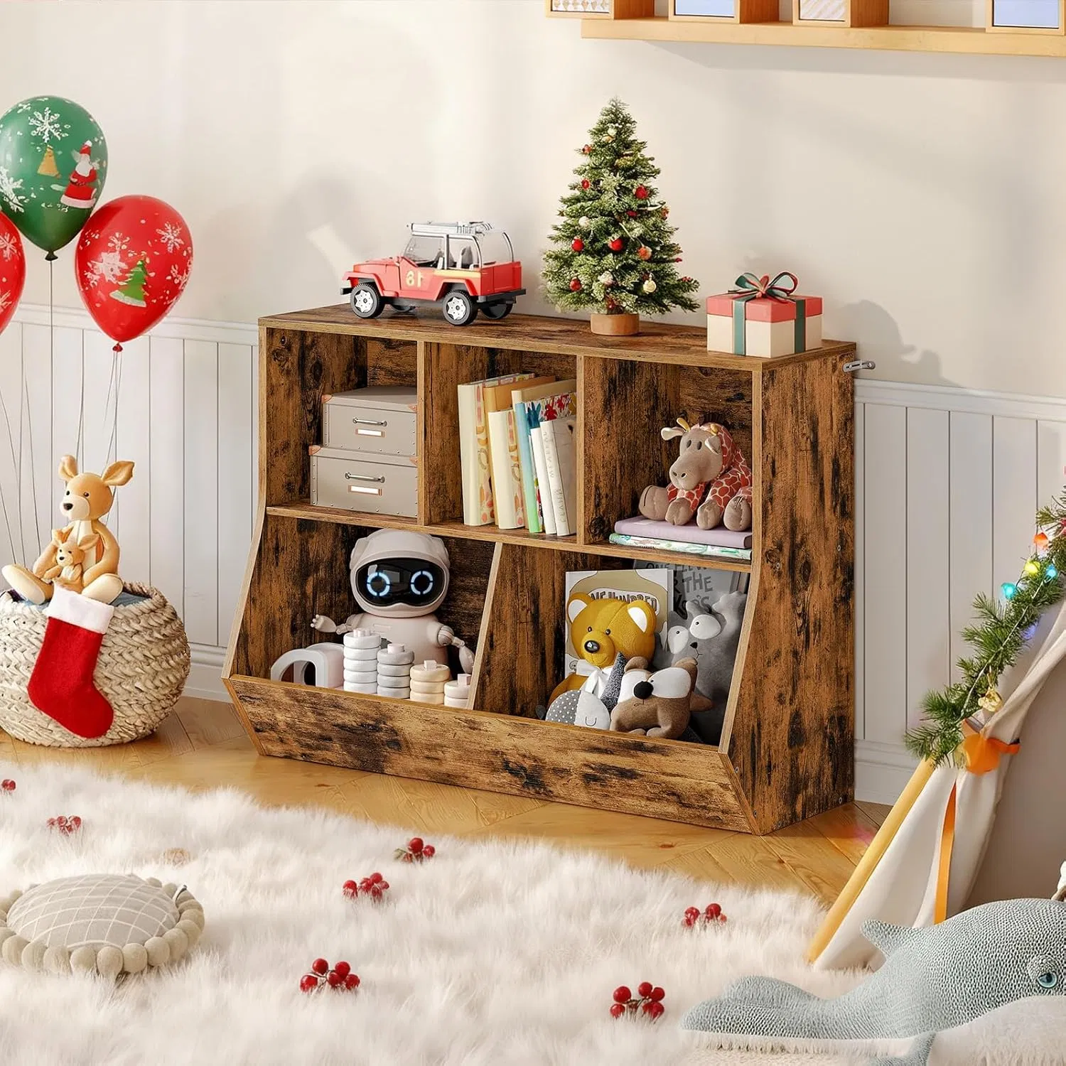 Multi Functional Kids Reading Nook Organizer with Padded Bench Seat and 6 Compartments Wood Storage Cabinet