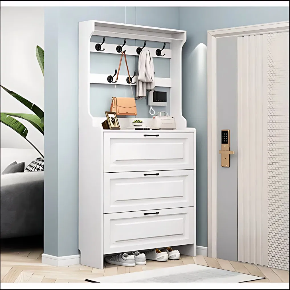 Solid Wood Frame Shoe Cabinet, Entryway Cabinet, Coat Rack, New Style Wall-Mounted Multi-Functional Multi-Layer Storage Cabinet