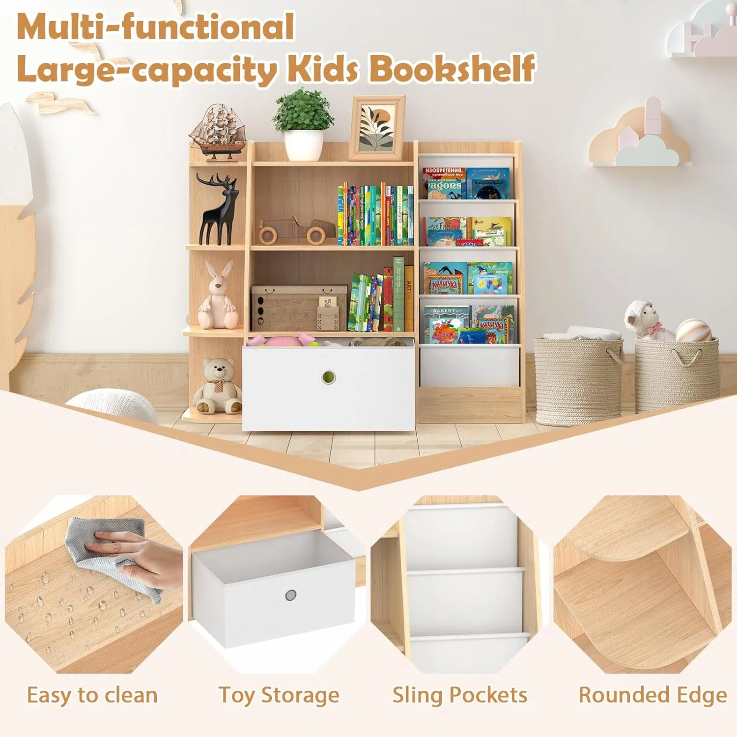 Multi-Functional Natural Wood Finish Toddler Reading Nook Furniture with Integrated Fabric Slings and Large Toy Storage Drawer Kids Bookshelf
