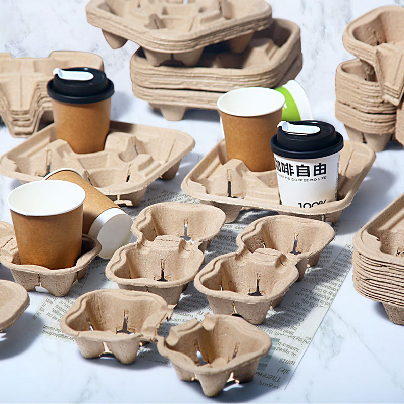 Custom Size Available Eco-Friendly Pulp Molded Coffee Cup Carrier - Biodegradable Multi-Compartment Takeaway Coffee Tray