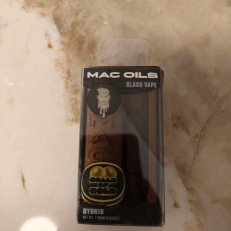 ODM MAC Oils Balls of Gold Hybrid Glass Vape - 1 Gram Premium Cannabis Distillate Vape Pen with Custom Embossed MAC Logo Liner & Branded Clear Retail Packaging Manufacturers, Factories