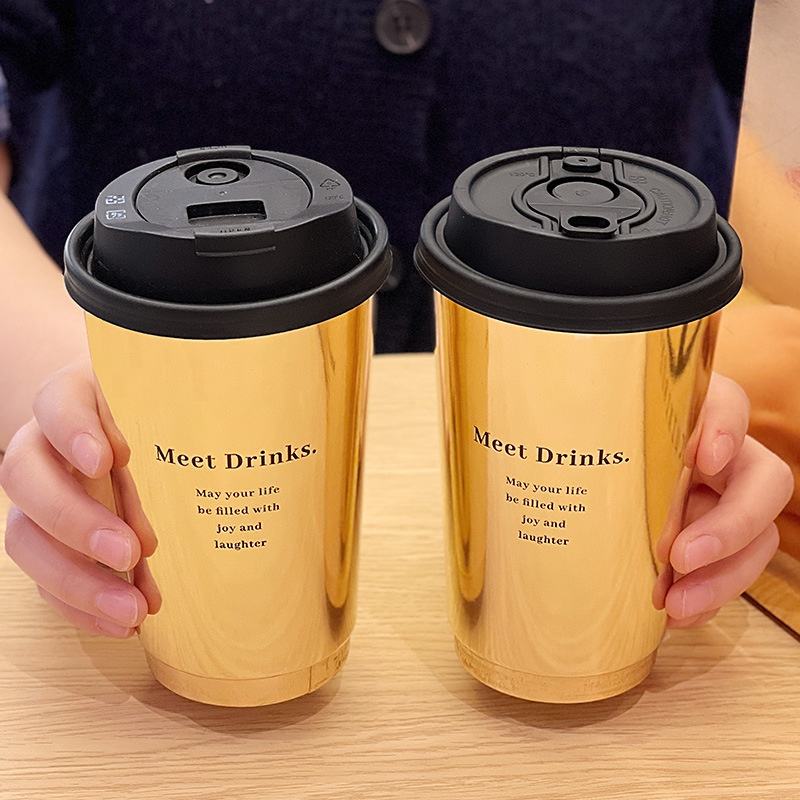 Custom Popular Gold Cardboard Paper Cups Double Wall Design with Gold Stamping for Hot Drinks and Coffee