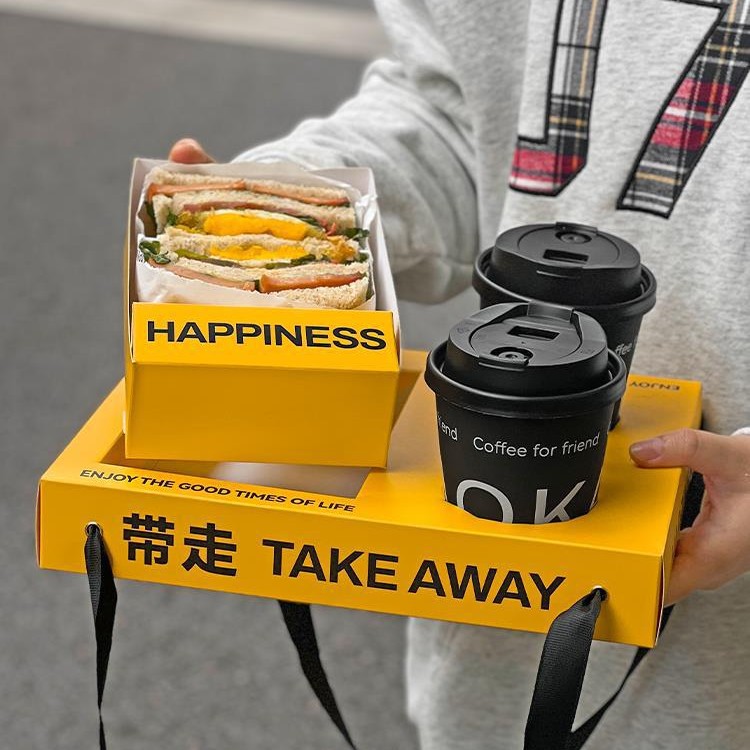 ODM Customized Sandwich Cake Toast Cafe Beverage Cup Embedded Hand-Held Paper Tray Box for Coffee Shop Manufacturers, Companies