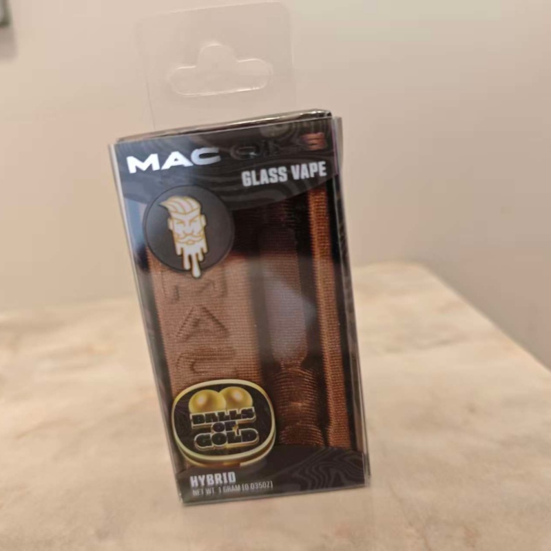 ODM MAC Oils Balls of Gold Hybrid Glass Vape - 1 Gram Premium Cannabis Distillate Vape Pen with Custom Embossed MAC Logo Liner & Branded Clear Retail Packaging Manufacturers, Factories