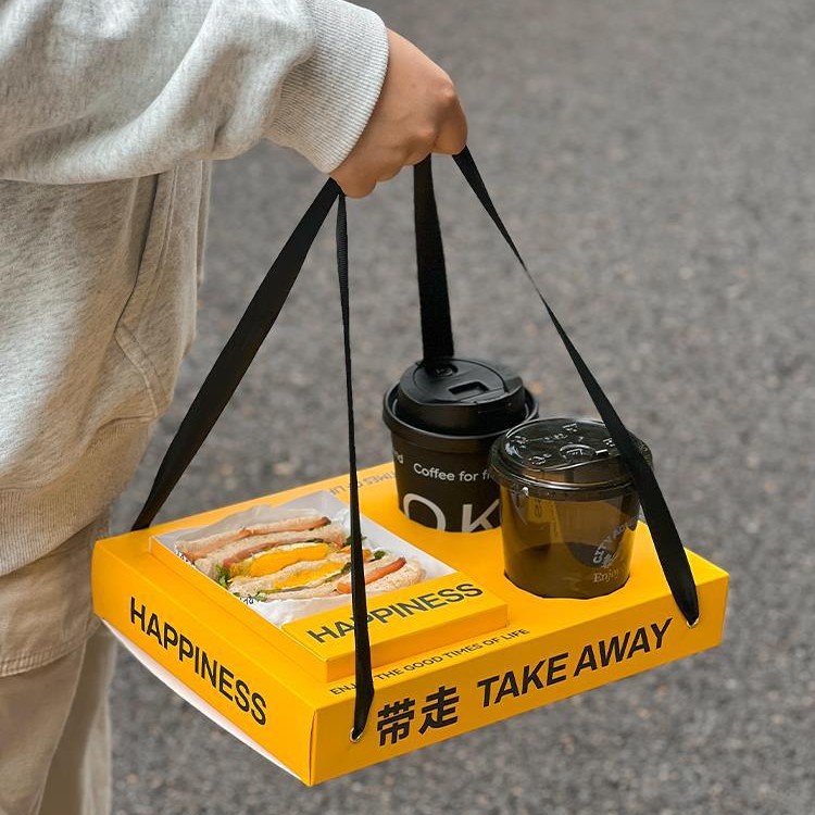 ODM Customized Sandwich Cake Toast Cafe Beverage Cup Embedded Hand-Held Paper Tray Box for Coffee Shop Manufacturers, Companies
