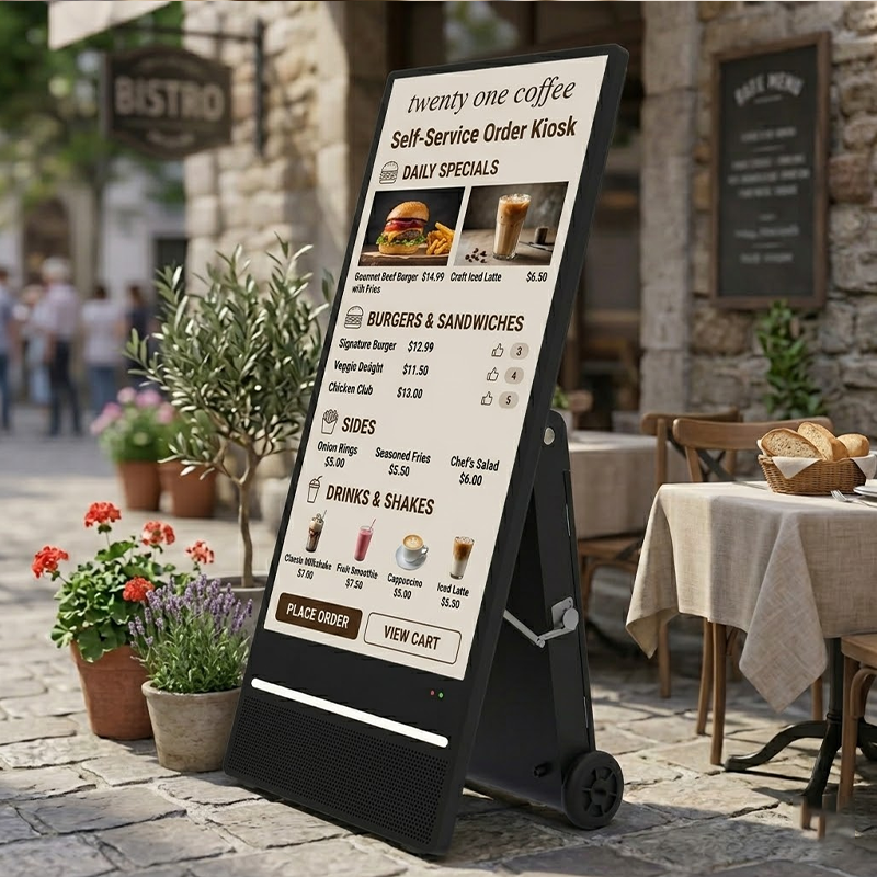 Outdoor Digital Signage Portable Battery Powered LCD Menu Board High Brightness Mobile Kiosk With LED Light Strip