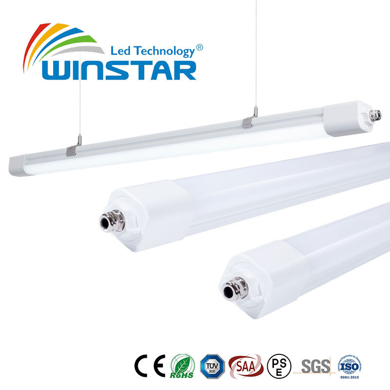 Microwave Sensor LED Tri-Proof Light 170lm/W High Efficacy 20W 25W 30W 36W Power Selectable Linkable Linear Light IP66 Waterproof Ik10 Industrial Warehouse