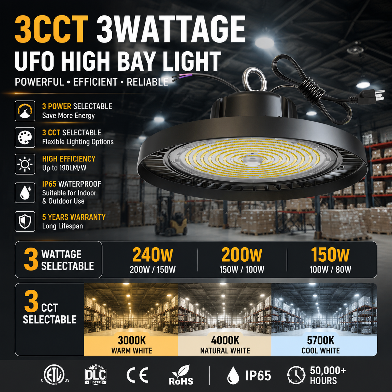 Wholesales 3CCT 3Power Switchable 200W Garage UFO Workshop Highbay Lighting Commwecial Industrial Led High Bay Light
