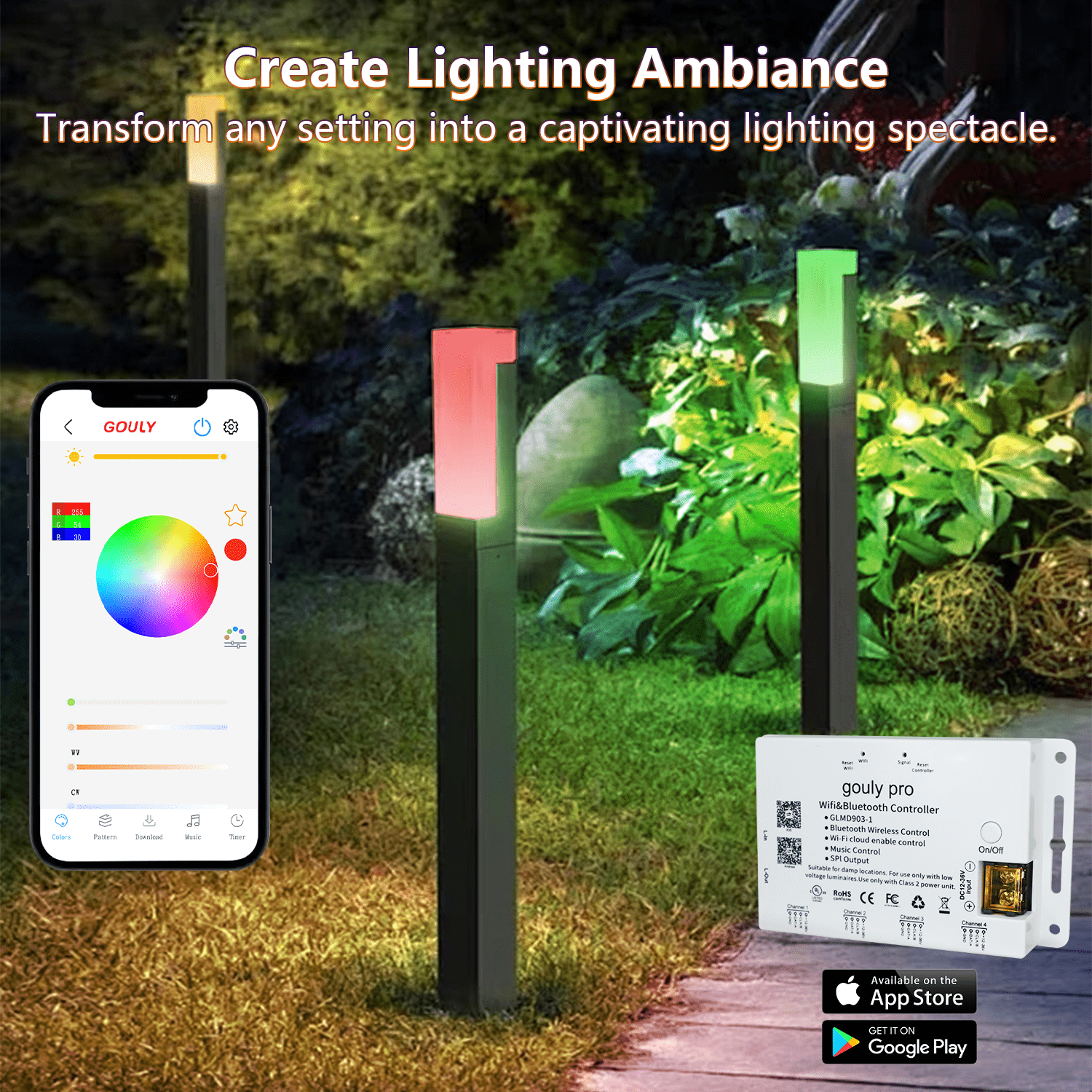 Gouly Smart App Control RGBW LED Bollard Light 6W 24V IP65 Waterproof Outdoor for Garden Pathway Landscape Lighting Decoration
