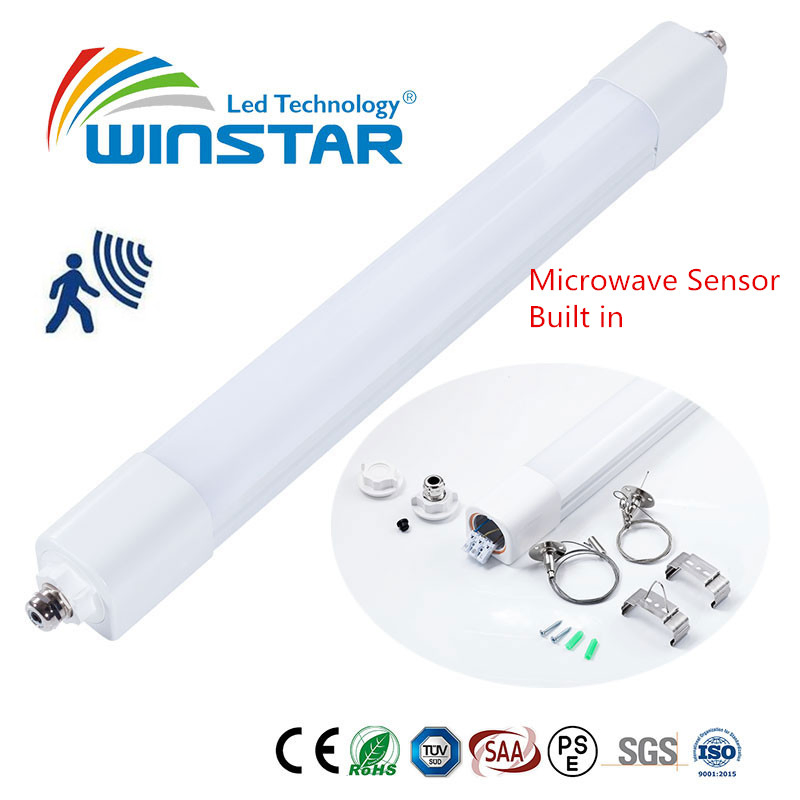 Microwave Sensor LED Tri-Proof Light 170lm/W High Efficacy 20W 25W 30W 36W Power Selectable Linkable Linear Light IP66 Waterproof Ik10 Industrial Warehouse