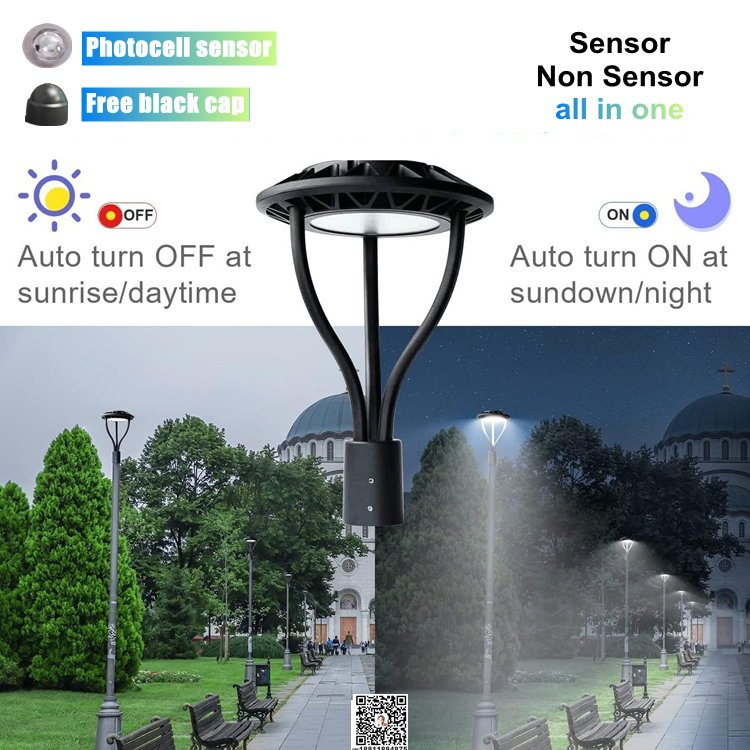 Motion Sensor CRI70/80/90 Smart 150W LED Post Top Light Dlc Parking Pathway Highway Public Area Landscaping Garden Lights 60W 80W 100W 120W 7 Years Warranty