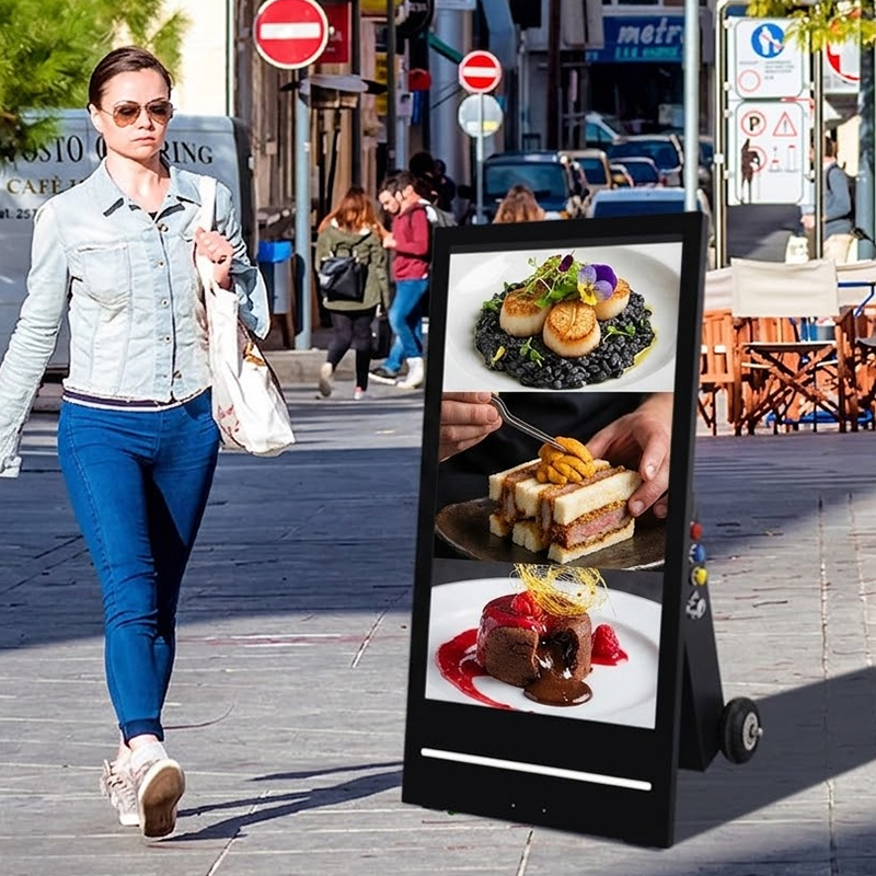 Outdoor Digital Signage Portable Battery Powered LCD Menu Board High Brightness Mobile Kiosk With LED Light Strip