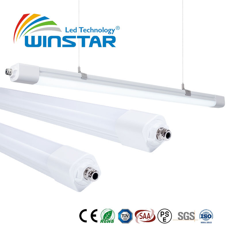 Microwave Sensor LED Tri-Proof Light 170lm/W High Efficacy 20W 25W 30W 36W Power Selectable Linkable Linear Light IP66 Waterproof Ik10 Industrial Warehouse