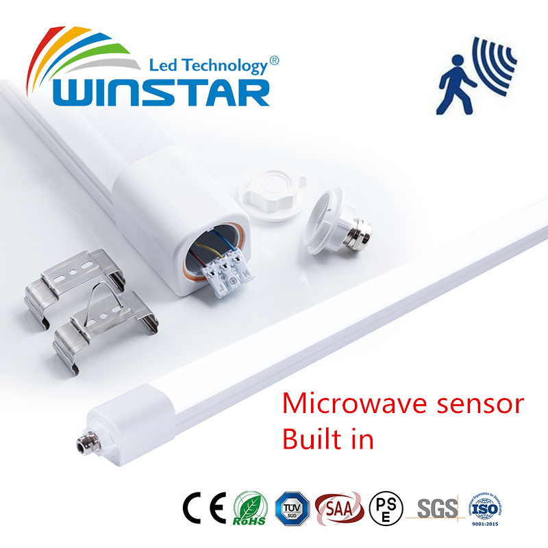 Microwave Sensor LED Tri-Proof Light 170lm/W High Efficacy 20W 25W 30W 36W Power Selectable Linkable Linear Light IP66 Waterproof Ik10 Industrial Warehouse