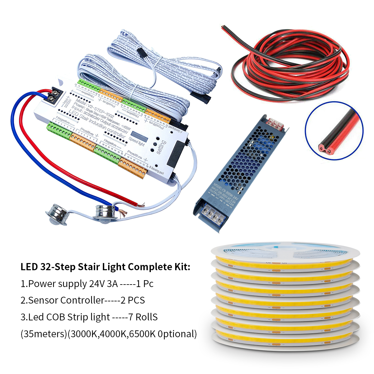 PIR Motion Sensor 32 Steps Stair Lighting Dimmer Smart Stair Light 24V COB White / Warm White Lamp with Motion Sensor