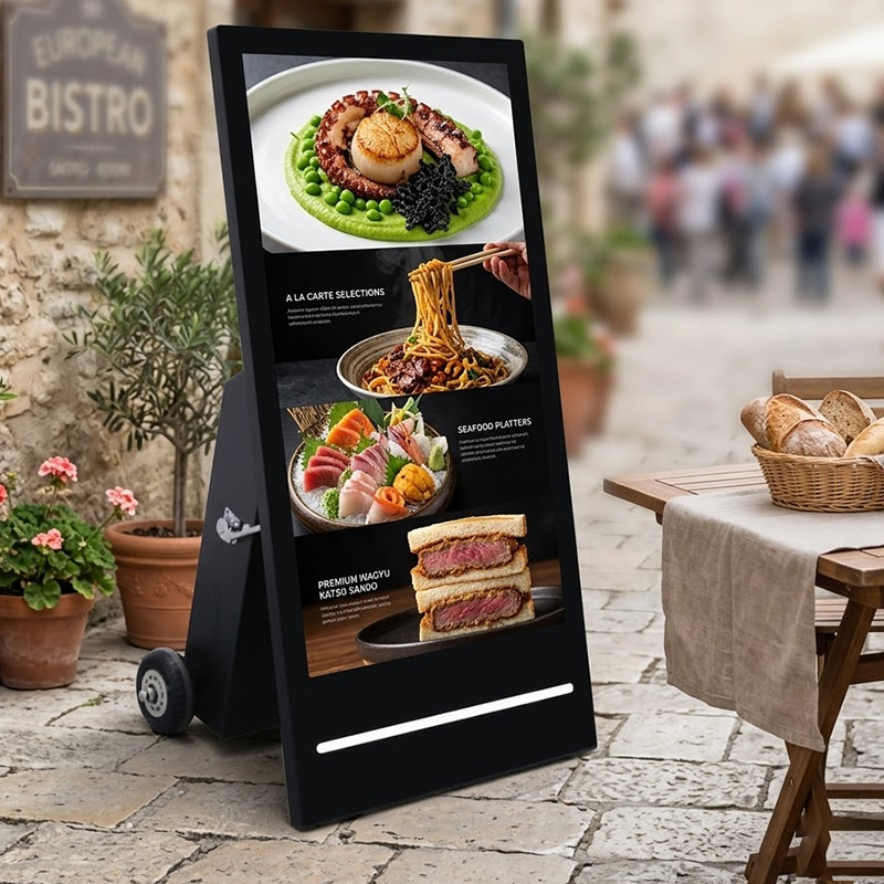 Outdoor Digital Signage Portable Battery Powered LCD Menu Board High Brightness Mobile Kiosk With LED Light Strip