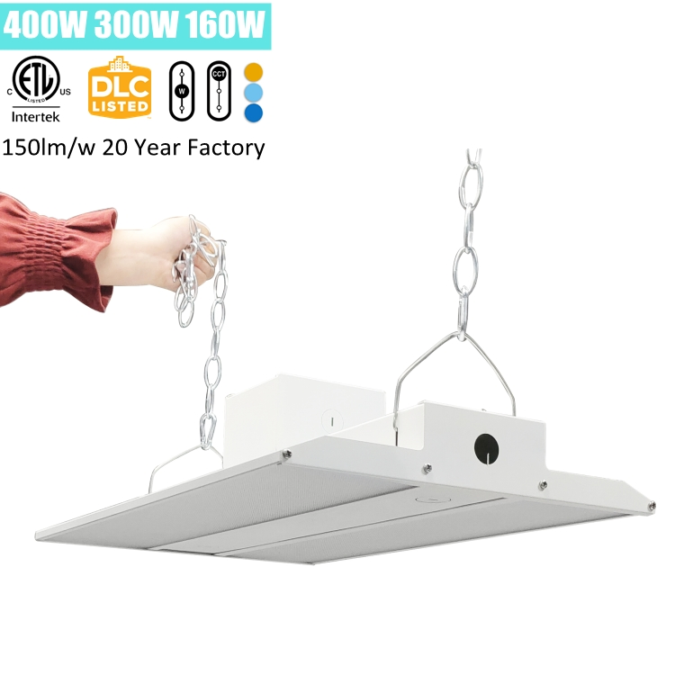Chain/Surface/Pipe Mount 0-10V Dimmable Adjustable Power and CCT LED Linear High Bay with Microwave Motion Sensor for Supermarket Lighting 100W 200W 300W 400W