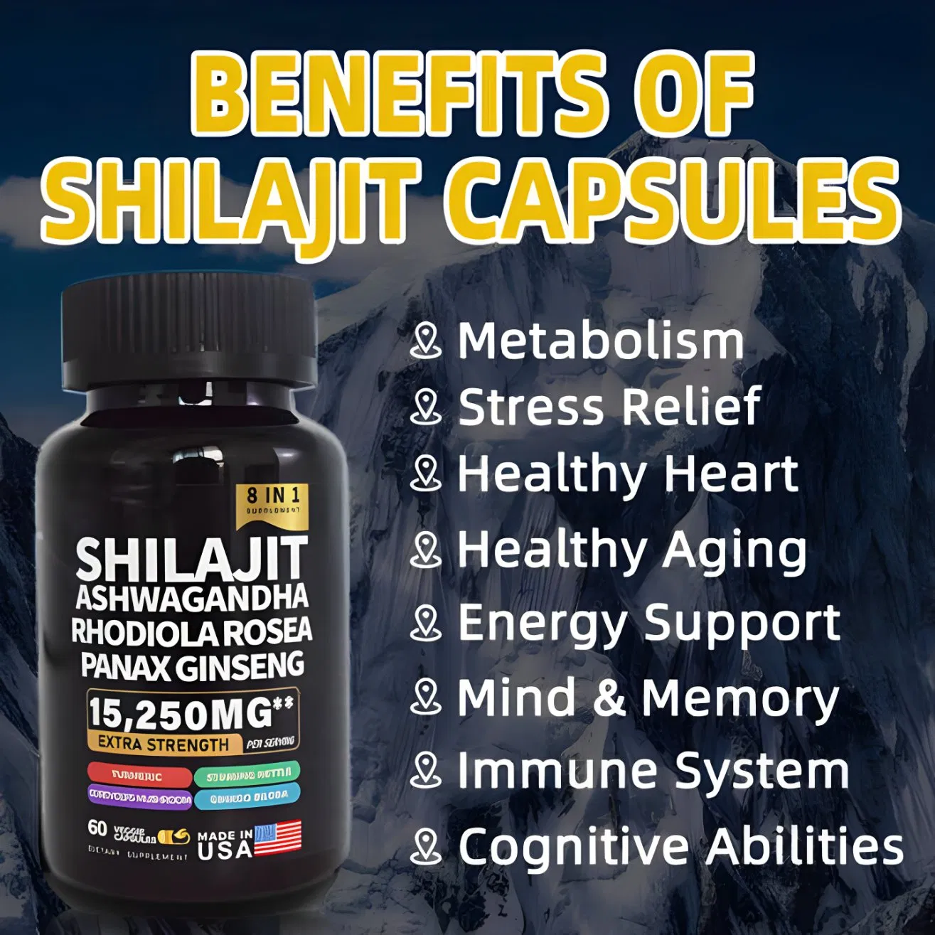 Cápsulas personalizadas de alta qualidade de Rhodiola Rosea, Ginseng, Aloe Vera e Shilajit