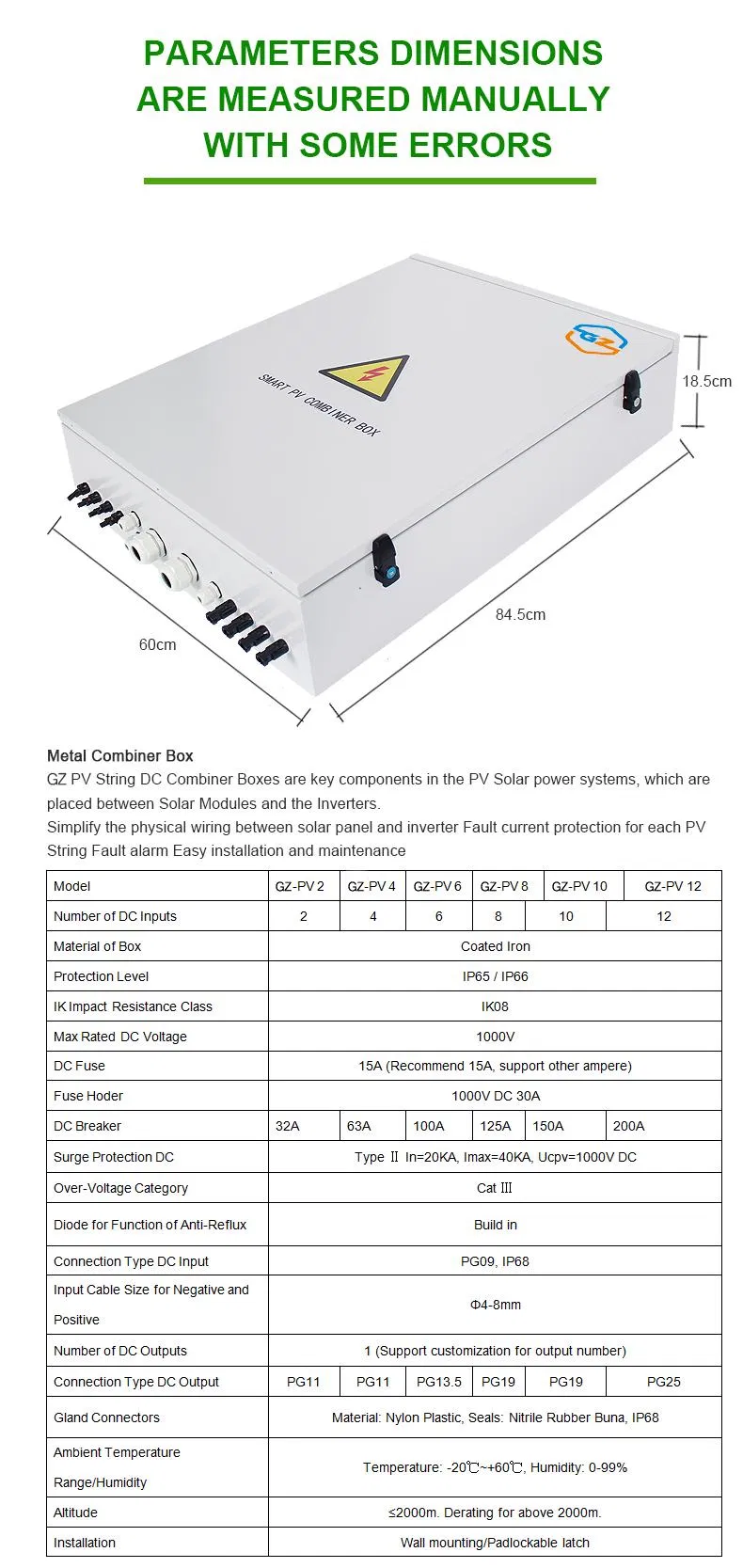 Solar PV Metal Combiner Box IP65 Outdoor Power Distribution Switch Boxes 4 in 1 out 2 4 6 8 Strings