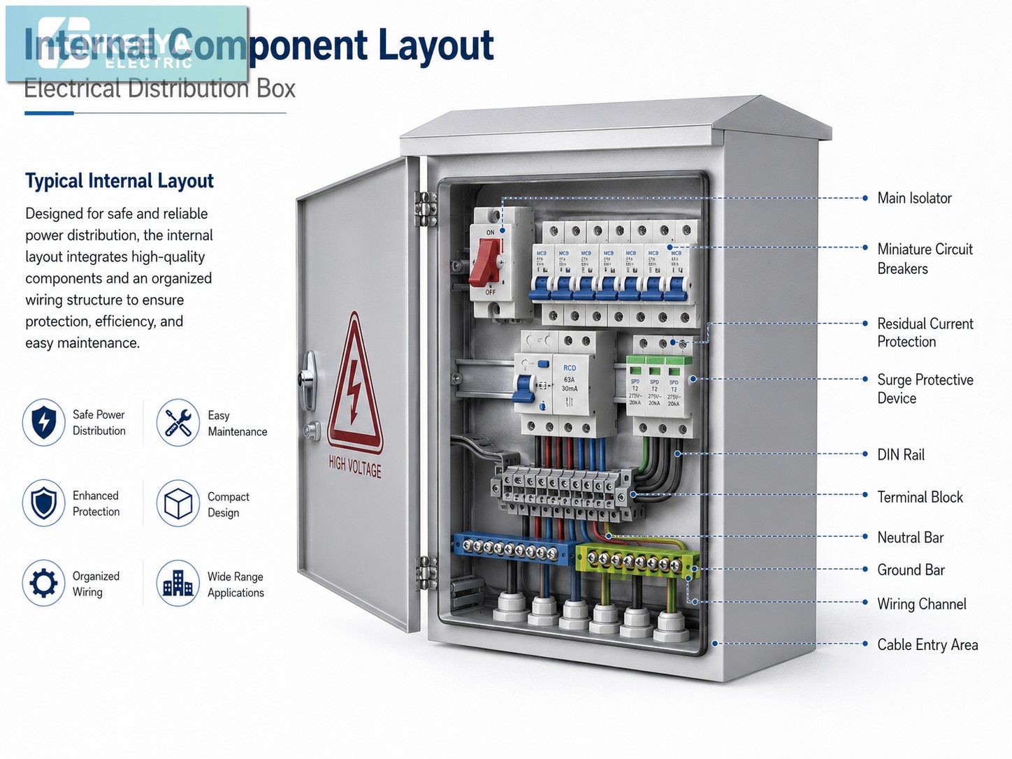 SS304 Stainless Steel Double Door 63A 400V/380V IP65 Indoor Electrical Distribution Box Cabinet