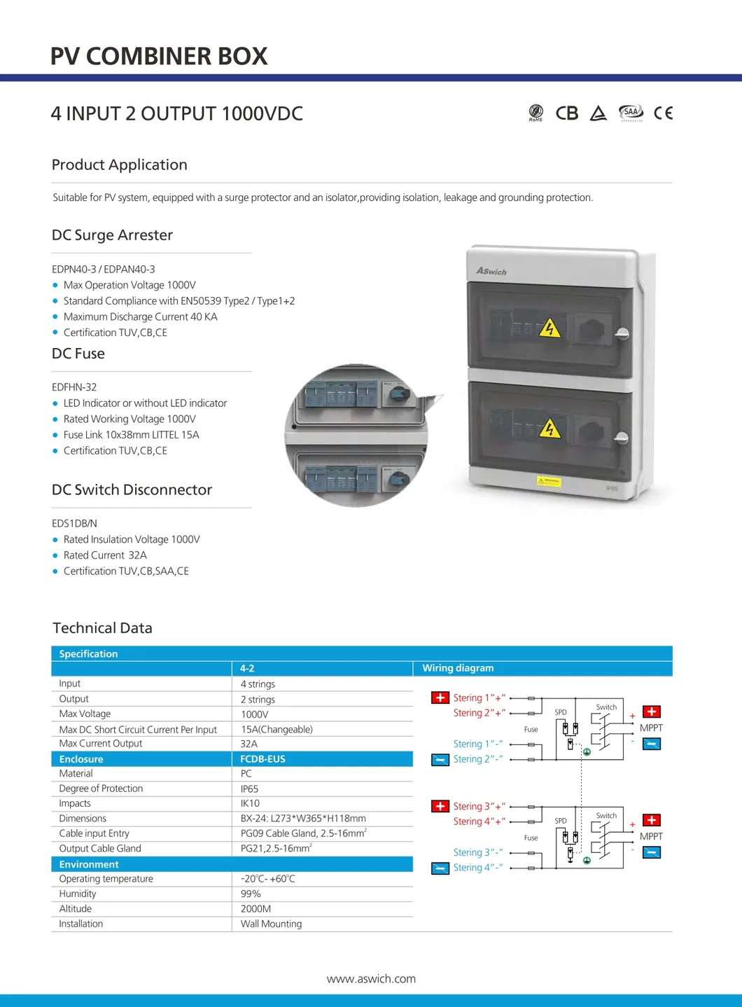 600V 1000V Power Distribution Combiner Junction Box for Solar Battery