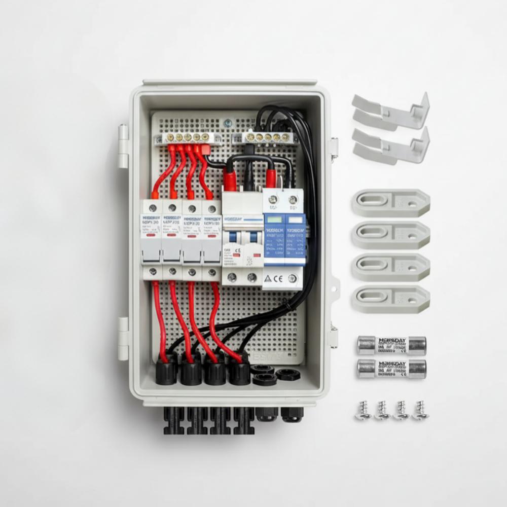4 String PV Combiner Box for Solar with Lightning Catch 15a Fuse Holder and 63a Mcb IP65 Waterproof for On/Off Grid System DC