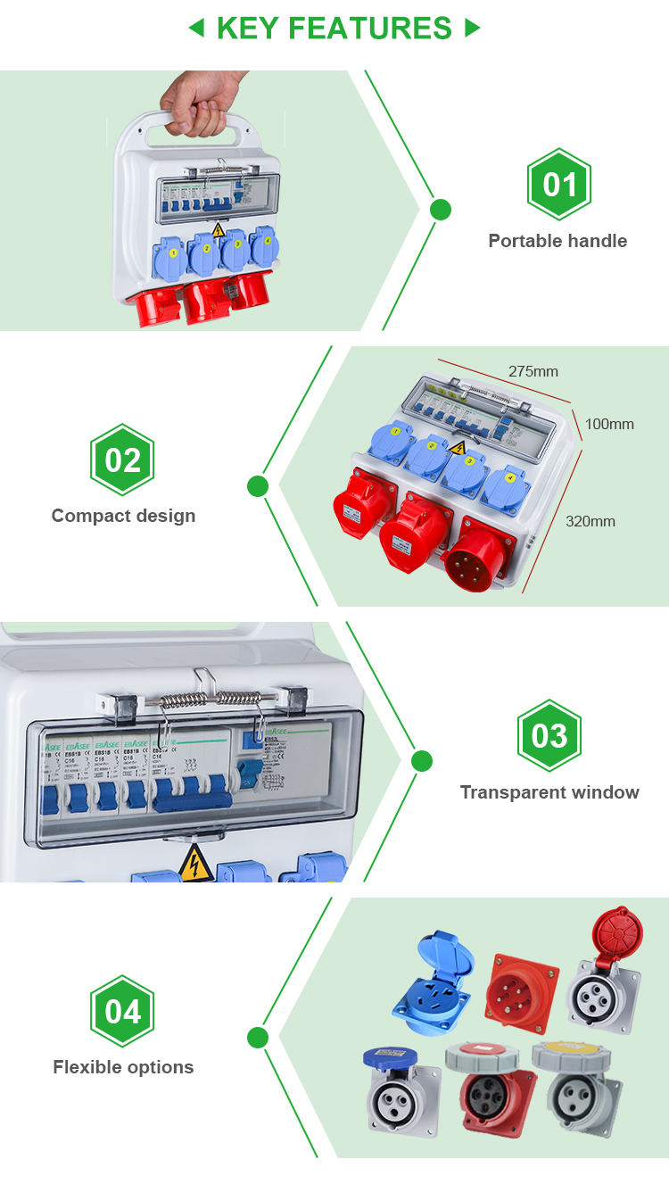 OEM Portable Power Distribution Box IP67 IP44 ABS Waterproof Industrial Temporary Socket Box for Construction Site