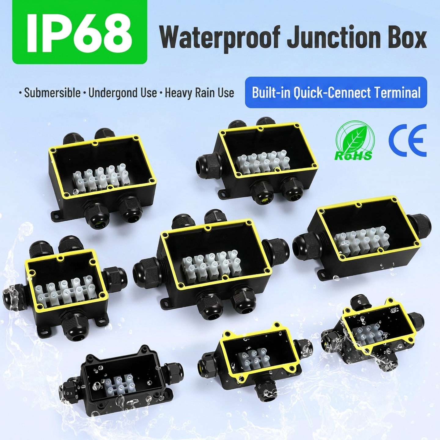 Outdoor Lighting Junction Box Waterproof IP68 F Series 1 1/2/4 Cable Splitter 32A Industrial Power Distribution Box PA66