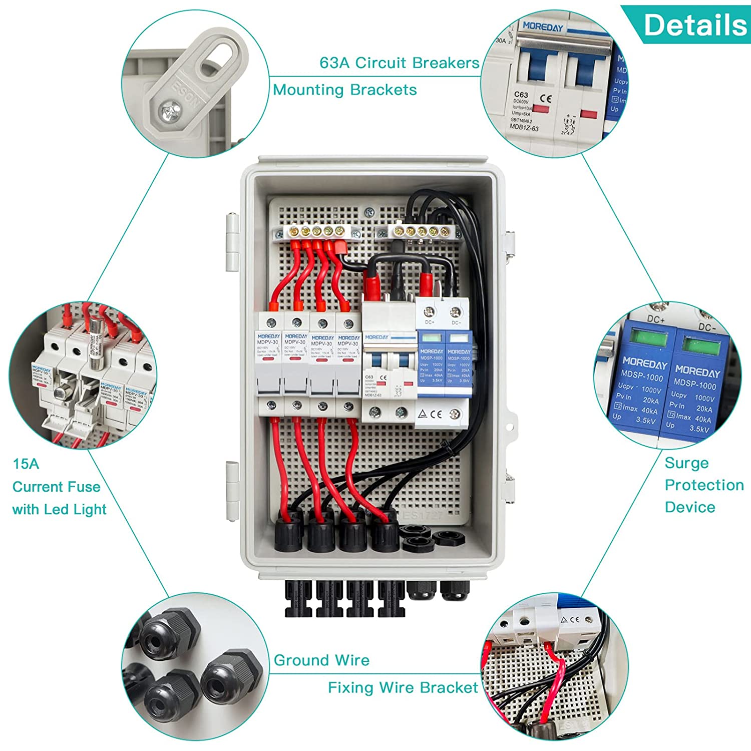 4 String PV Combiner Box for Solar with Lightning Catch 15a Fuse Holder and 63a Mcb IP65 Waterproof for On/Off Grid System DC