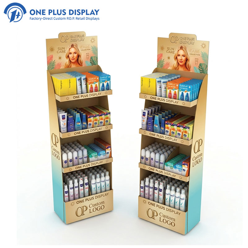 Custom Supermarket Retail 4 Tier Eco-Friendly UV Coated Foldable Kraft Paper Floor Display Stand DIY Corrugated Cardboard Rack