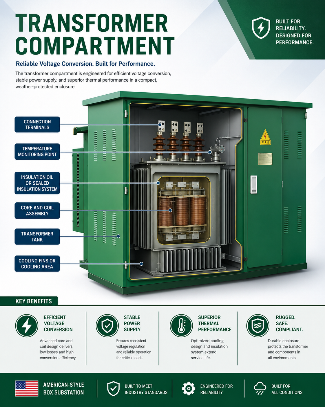 American-Style Pad-Mounted Outdoor Prefabricated Box Substation 24kV IP53 3150A 50/60Hz Power Distribution Equipment
