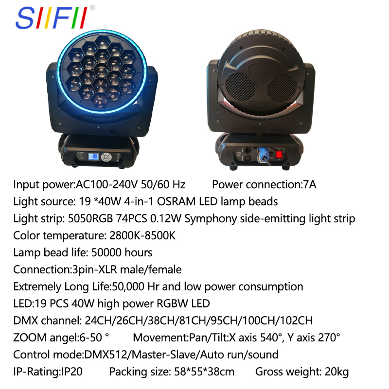 19 X 40W LED Bee Eye RGBW 4in1 Zoom Wash Moving Head Light with Strip DMX512 for DJ Bar Stage Light