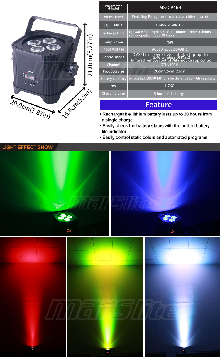 RGBWA+UV6in1 Wireless Battery PAR Liqht Stage Liqhting Battery Power LED PAR Light