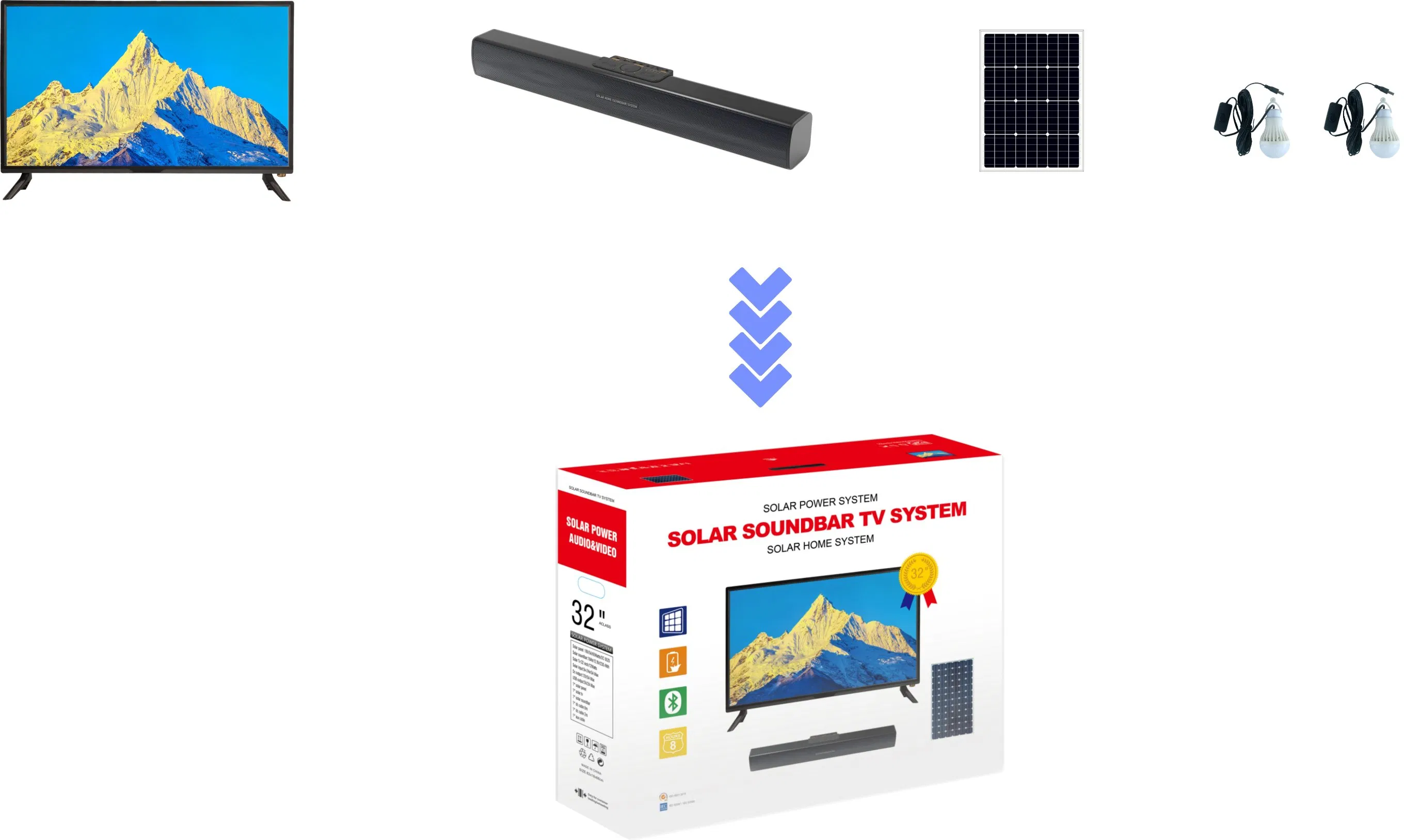 Solar Lighting System Solar Energy Kit Solar Soundbar TV System with Multifunctions Solar Soundbar+ 32" Solar LED TV+ 65W Solar Panel Support Bluetooth