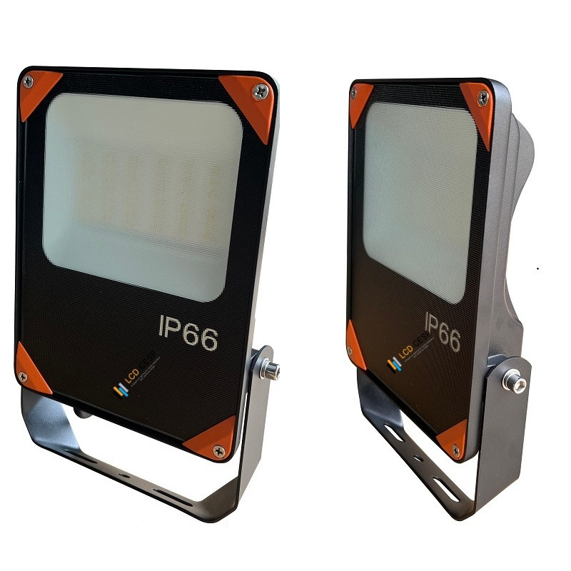 LED Floodlight 50W-200W 120-277VAC 18-32VDC 5000K Medium Optic IP66 Ik08 160lm/W 1-10V Dimmable for Sports Stadium, Tennis Court, and Marine Lighting