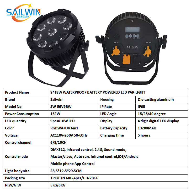 Waterproof Battery LED PAR Light 9X18W Rgbaw UV LED Stage PAR Can with Remote