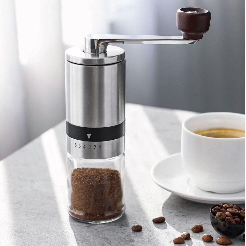 Molinos de café de vidrio portátil, molinillo manual de granos de café con mango de madera de acero inoxidable premium