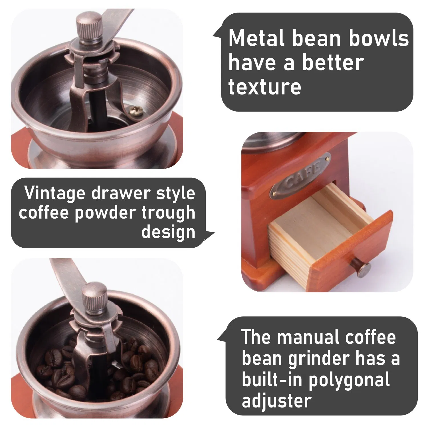 Molino de café manual vintage con manivela, tazón de metal para granos, estilo de cajón, canal de polvo, ajustador incorporado