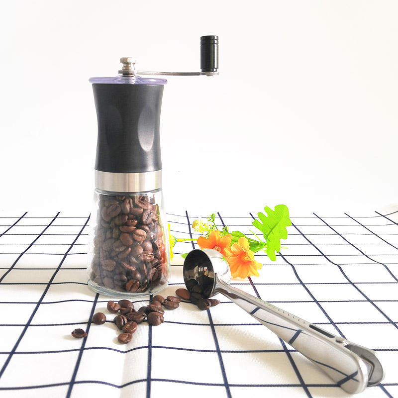 Molino de café manual portátil mini con frasco de vidrio, molino de café doméstico con muelas de acero inoxidable