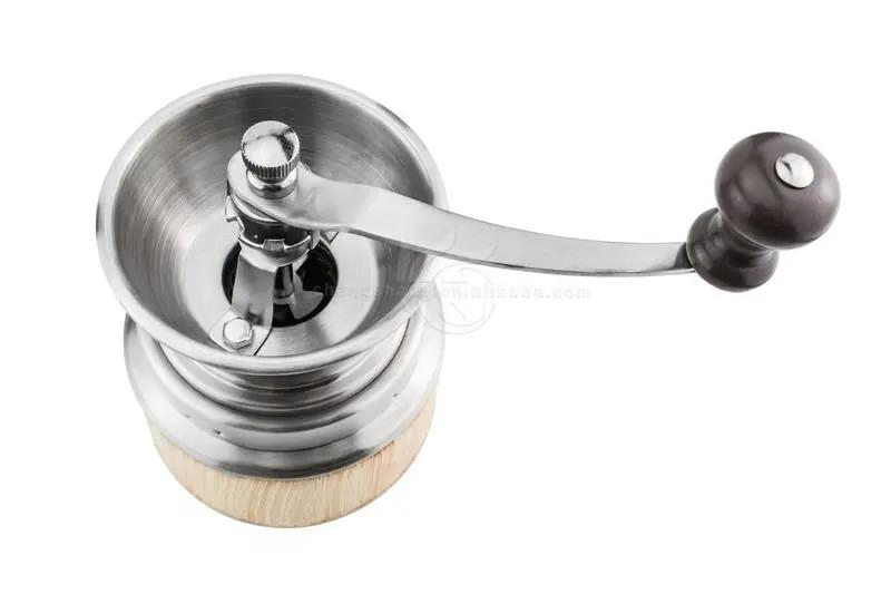Molino de café manual de acero inoxidable con núcleo cerámico y molino de café manual de madera al por mayor