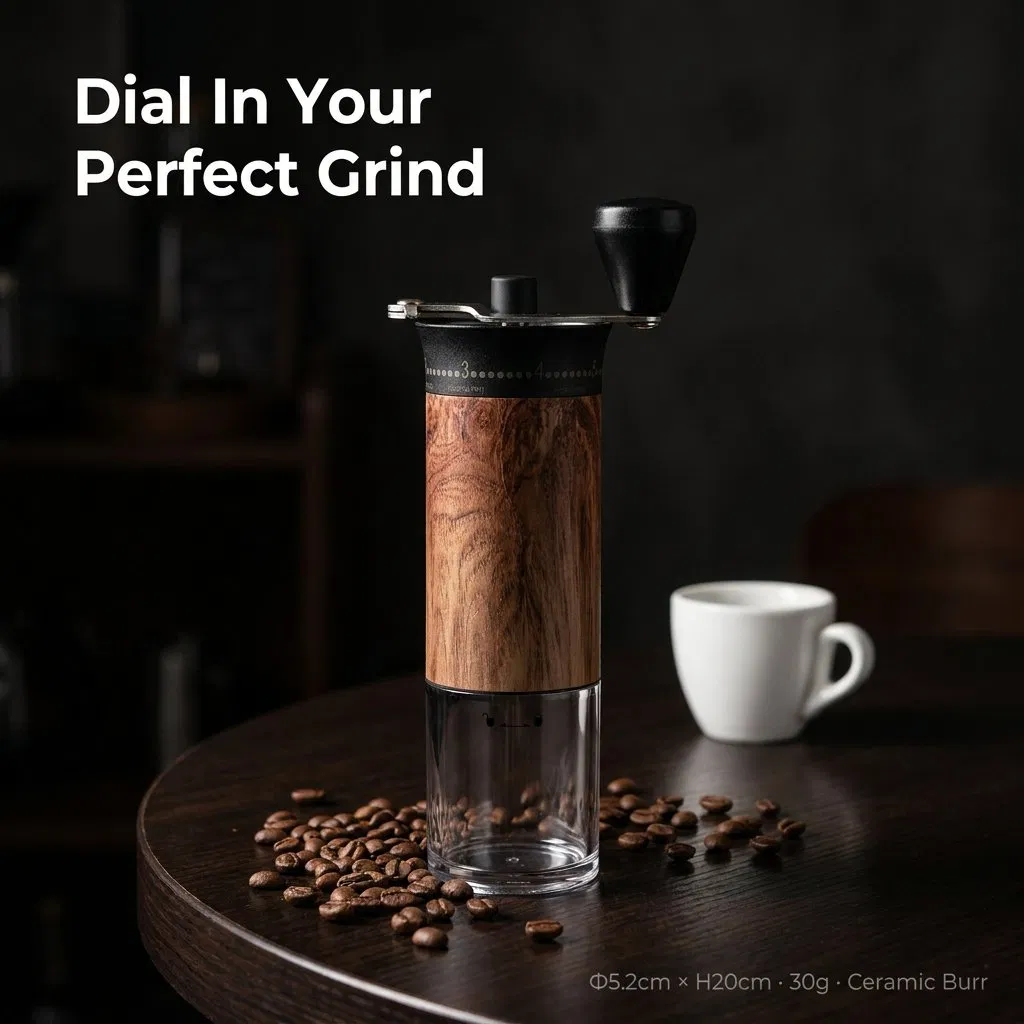 Molino de café manual de madera con muela cerámica ajustable