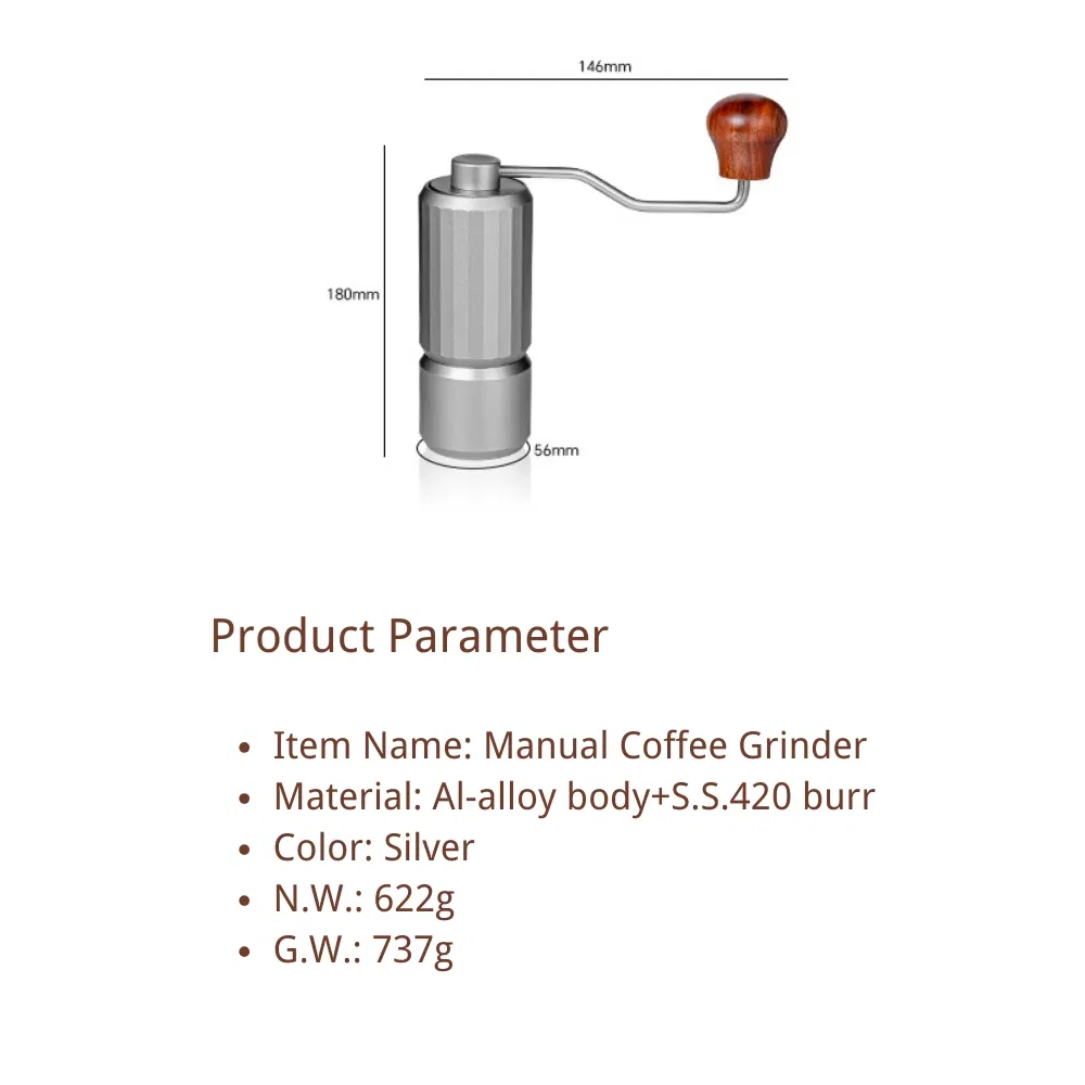 Cuerpo de aleación de aluminio personalizado 420 molinillo de café manual de acero inoxidable para el hogar, mini molinillo de café de muelas cónicas, ecológico