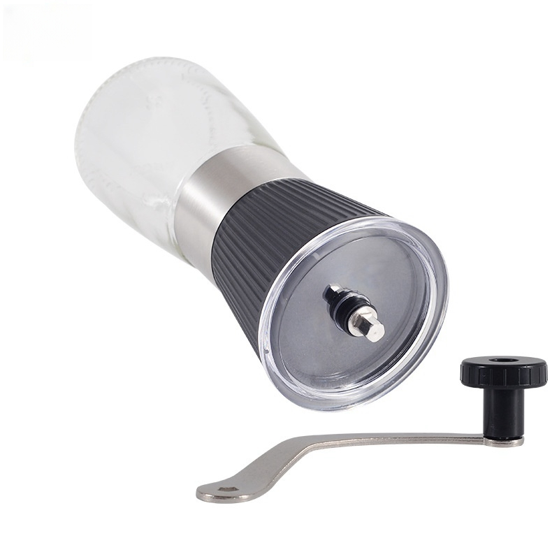 Botella de vidrio y molinillo de café de cerámica con cubierta de plástico antideslizante, molinillo de café manual con cuerpo de acero inoxidable