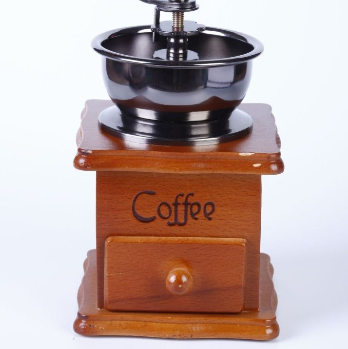 Molino de café manual clásico de manivela, molinillo de granos de café, decoración de café de madera maciza vintage, pequeña máquina de molienda de café portátil